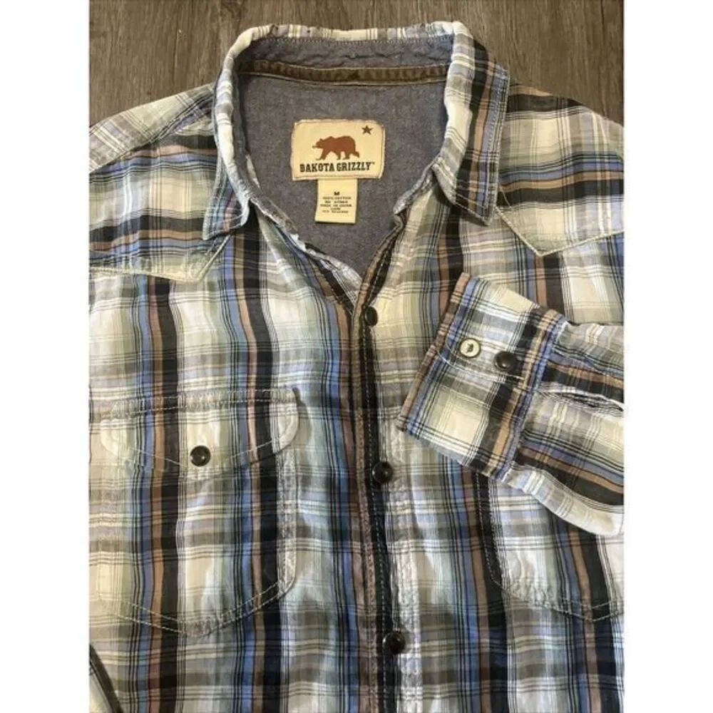 Dakota Grizzly Shirt Mens M Blue Tan‎ Plaid Pearl Snap Pockets Western